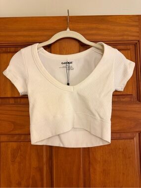 Garage Cream Ribbed V-Neck Cropped Tee